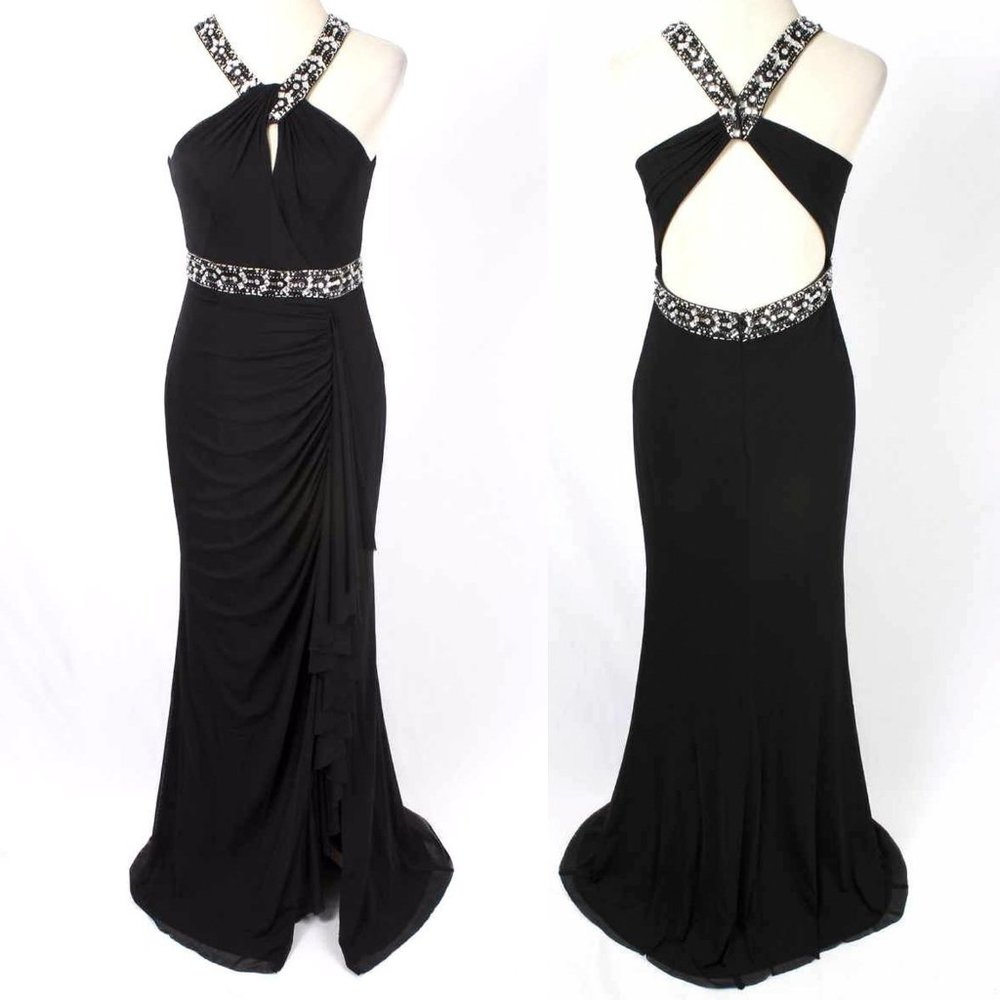 Cache Black Embellished Open Back Long Evening Go… - image 1
